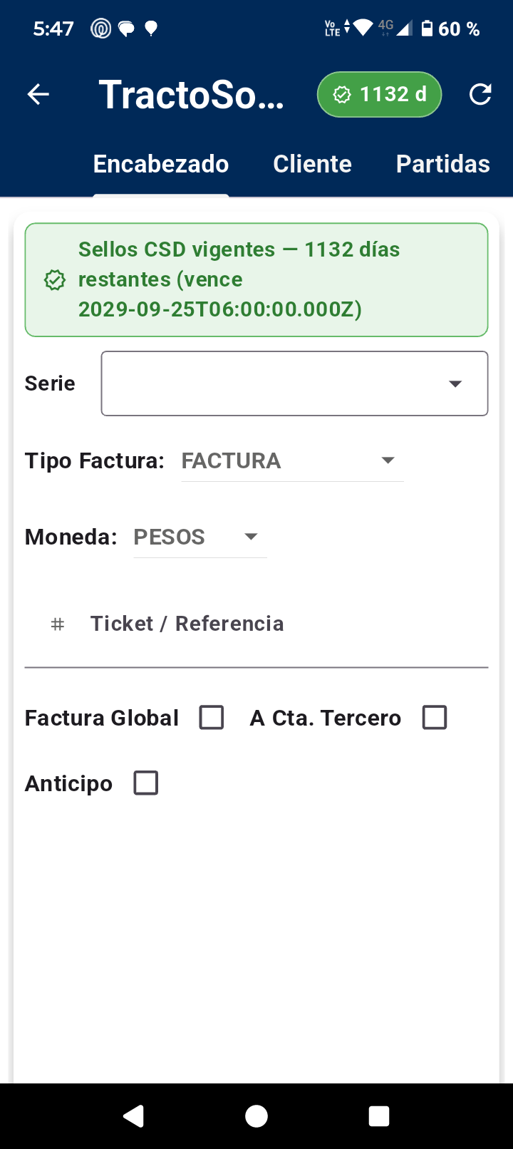 Inicia una nueva factura en la app móvil Facturador TS